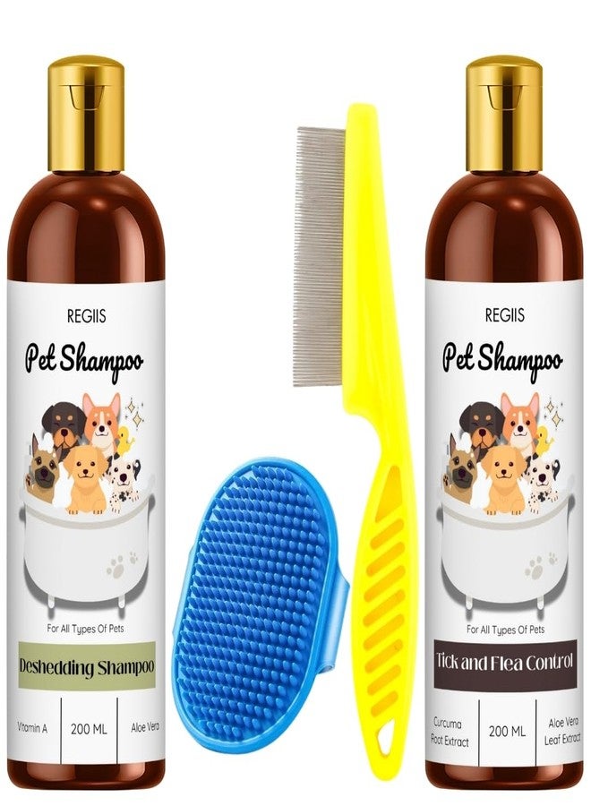 REGIIS Regis Pet Shampoo Set with Deshedding and Tick Control Formula, 200ml Bottles, Includes Grooming Brush and Flea Comb(Pack of 4) - Image 1